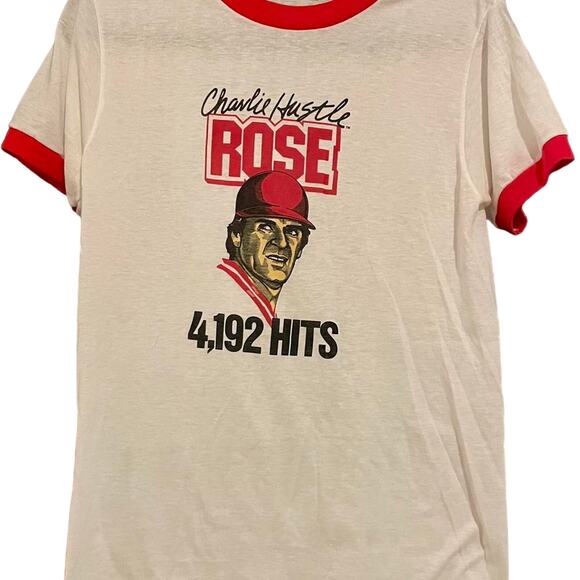 Vintage 80s Charlie Hustle Pete Rose 4,192 Hits Record Ringer Shirt Adult Medium - Picture 1 of 3